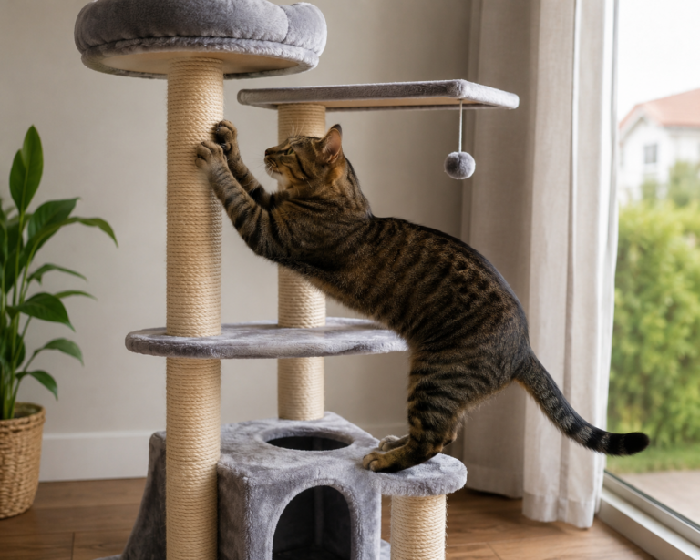 Chat tigré qui griffe le poteau en sisal d'un arbre à chat près d'une fenêtre